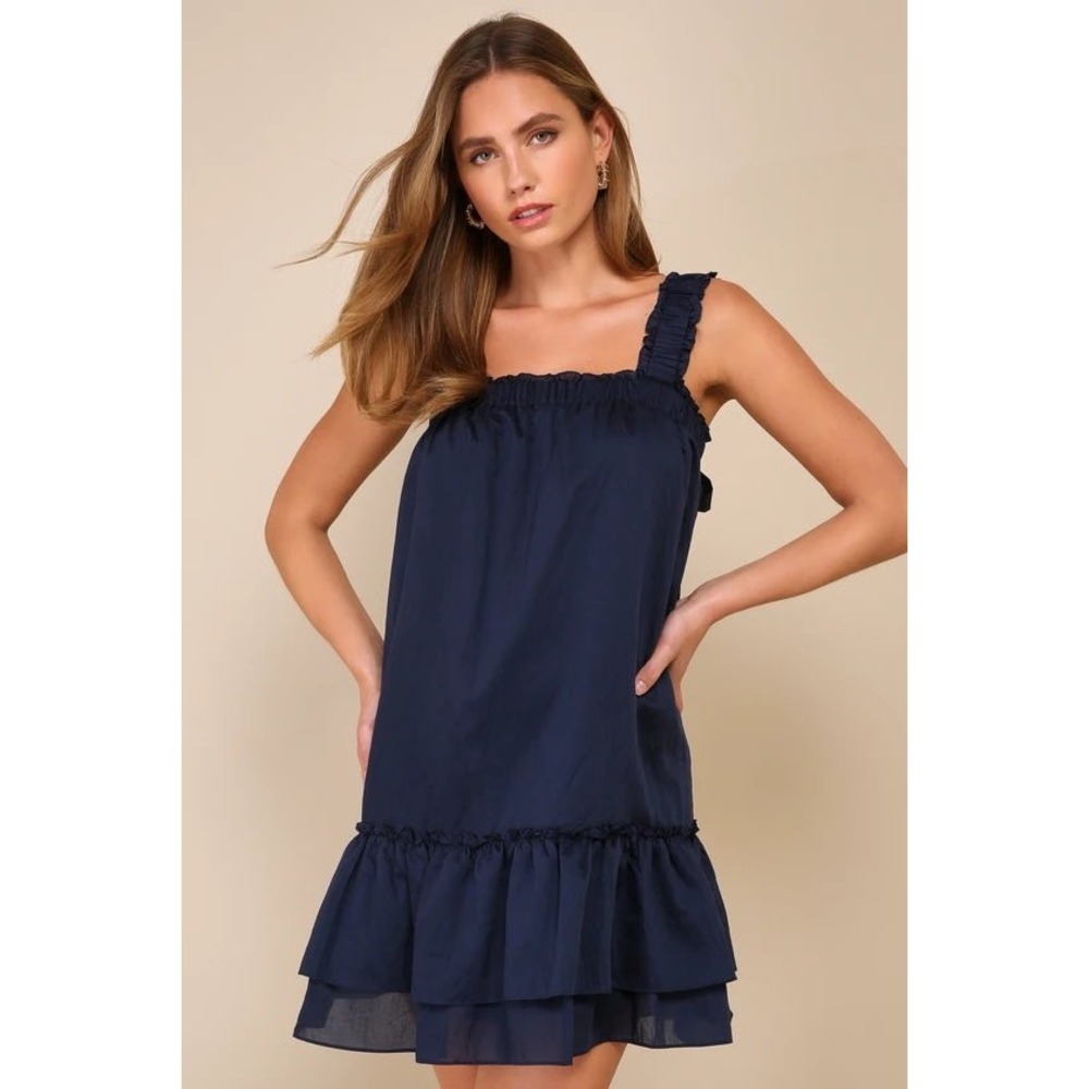 Lulus Navy Blue Ruffle Strap Mini Dress Smocked Square Neck Babydoll S